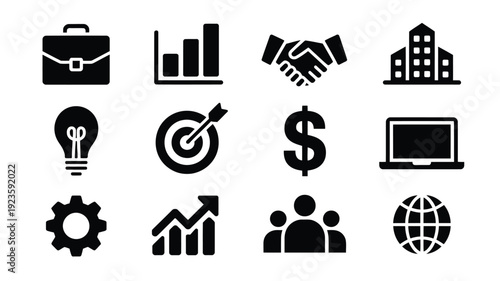 Set of modern business icons including briefcase handshake buildings lightbulb target dollar laptop gear graph people globe on white background for corporate concepts