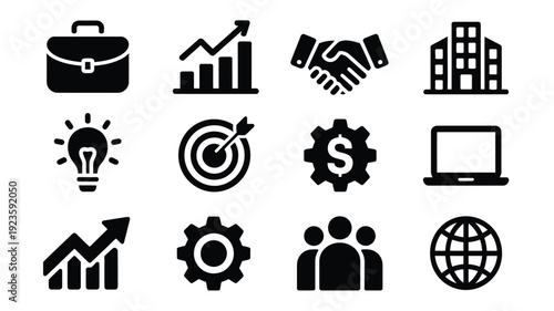 Collection of 12 modern black business icons on white background including briefcase graph handshake and global network symbols