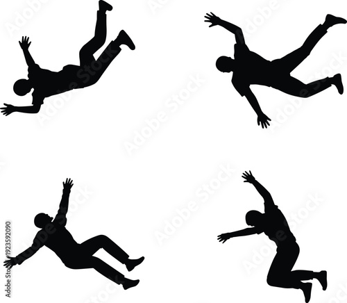 Silhouettes of falling people, jump motion figures, free fall poses, human in air, danger, dramatic fall, action concept, isolated vector