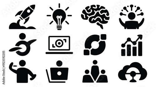 Modern startup business silhouette logo set with various icons representing innovation teamwork and growth on white background
