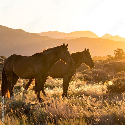 Two horses stand amidst dry grass at sunset, mountains blurred in background, soft light, peaceful, golden hour