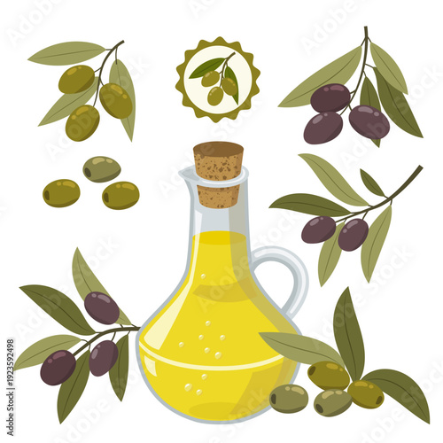 Organic olive oil bottle with green olives and leaves, natural Mediterranean продукт, food preparation concept, isolated on transparent background