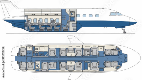 Detailed vehicle autocad blueprint of an airplane's exterior and interior design layout