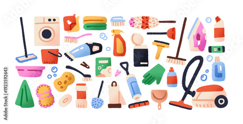 Housework icons doodle set. Cleaning service equipment. Housekeeping tools. Washing powder, vacuum cleaner, detergent bottles, mop and brushes. Flat isolated hand drawn vector illustrations on white