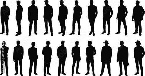 Business men silhouette set in formal suits standing different poses, corporate professional characters collection isolated, flat vector illustration