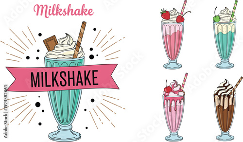 Colorful Milkshake Vector Collection Featuring Vintage Glasses with Whipped Cream, Chocolate, Strawberries, Cherries, Wafer Sticks, and Decorative Beverage