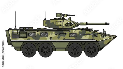 Detailed vehicle autocad blueprint of a military tank illustration showcasing its camouflage design and technical specifications in a side view
