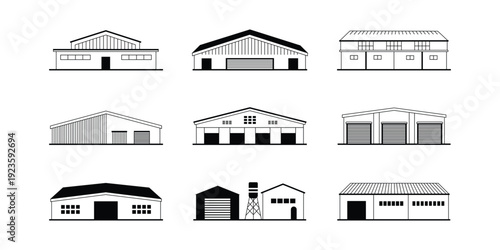 Warehouse and Industrial Building Icon Set – Factory Storage Line Icons