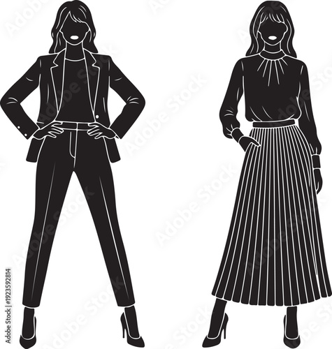 Set of two confident women silhouettes standing, isolated on white