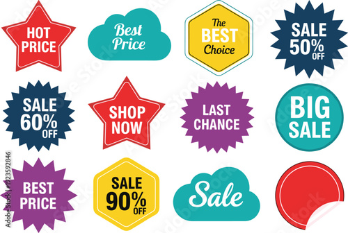 Colorful Promotional Sale Sticker Vector Collection Featuring Discount Labels, Hot Price Tags, Best Choice Badges, and Retail Marketing Graphics