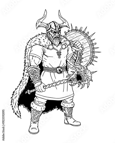Dark Viking Warlord with Spiked Shield and Skull Mace – Norse Fantasy Line Art