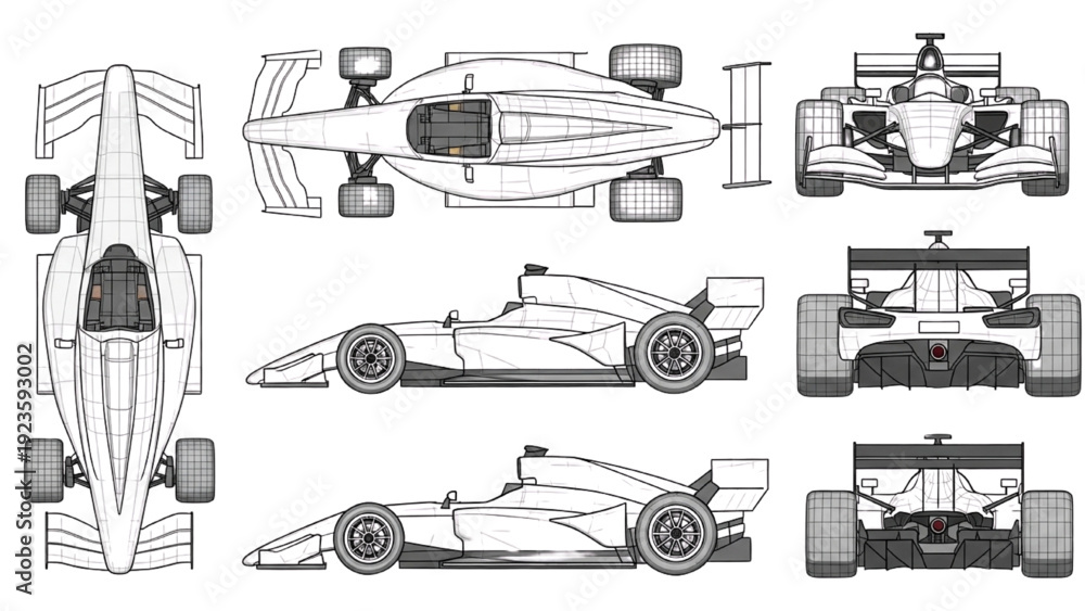 Fototapeta premium Detailed vehicle autocad blueprint illustration showcasing various viewpoints of a racecar from multiple angles