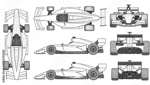 Detailed vehicle autocad blueprint illustration showcasing various viewpoints of a racecar from multiple angles