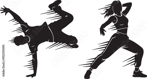 Set of two dancing silhouettes in dynamic movement, white background