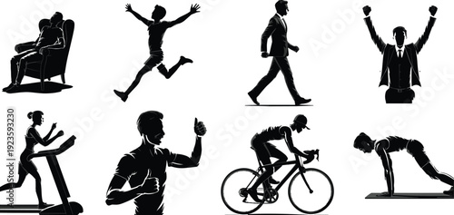 Silhouettes of Active and Sedentary People, Exercise and Fitness Activities, Healthy Lifestyle, Office Workers, Indoor and Outdoor Workouts, Motivation Concepts