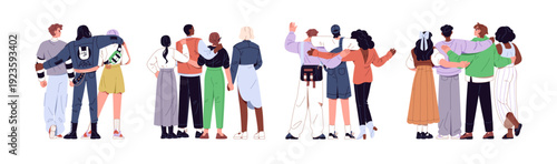 Set of hugging people from behind. Group of friends support and embrace back view. Happy family has fun and embraces. Diverse men and women hold hands. Flat isolated vector illustrations on white