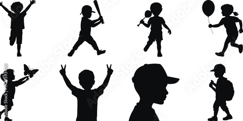 Silhouettes of happy kids playing, jumping, holding balloon, baseball, butterfly, outdoor fun, child activity, carefree moments, childhood joy, boy and girl 