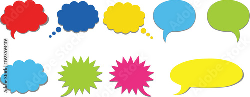 Set of colorful speech bubbles and thought balloons with different shapes and styles, with vector illustration