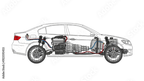 Detailed vehicle autocad blueprint diagram of a car's internal mechanical components and systems