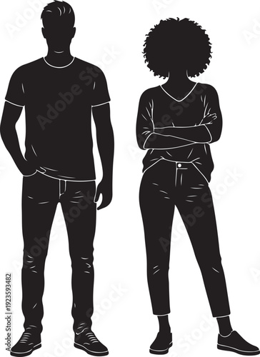Set of two diverse human silhouettes facing forward, clean vector style.