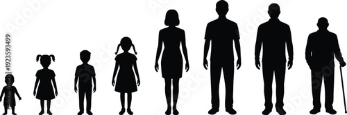 Silhouettes of human life stages from baby to elderly person, age progression, family generations, growing up concept, life cycle illustration, human development timeline