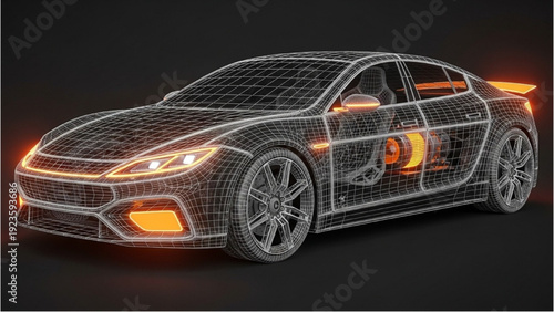 3D vehicle autocad blueprint design illustration of a modern car with glowing orange lights on a dark background from a front angle perspective