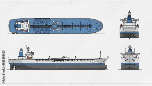 Detailed vehicle autocad blueprint of a cargo ship from multiple viewpoints and angles for design and engineering purposes