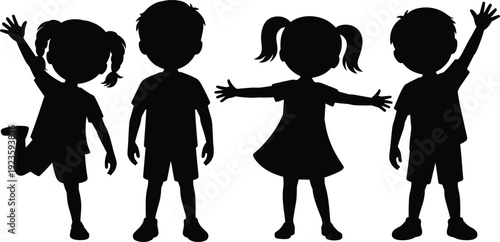 Silhouettes of happy children standing together, boys and girls waving and smiling, joyful childhood illustration isolated on white background for kids concept