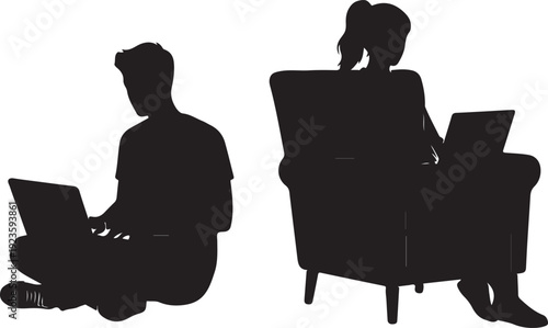 Set of two freelancer silhouettes working on laptop, clean vector.