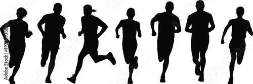 Silhouettes of group people running, joggers in motion, fitness workout outdoors, marathon athletes, morning run training, healthy active lifestyle concept