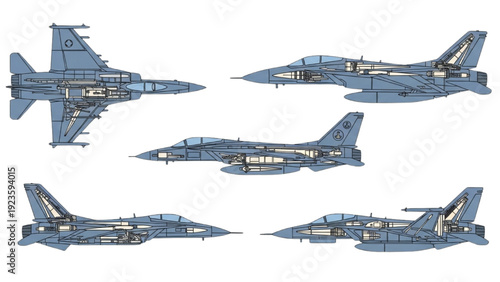 Detailed vehicle autocad blueprint of military aircraft designs displayed from multiple viewpoints showcasing various angles and technical specifications