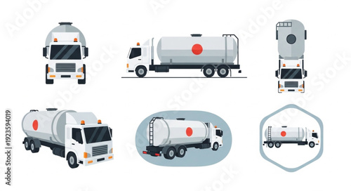 Various views of a white fuel tanker truck, showcasing its design and details.