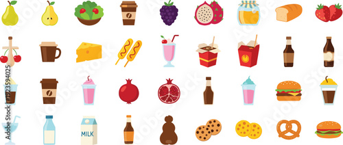 Comprehensive Food and Drink Vector Collection Featuring Fruits, Beverages, Snacks, Burgers, Desserts, and Culinary Line Art Illustrations for Menu and Branding