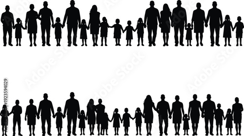 Silhouettes of large multigenerational families holding hands, unity, togetherness, parent-child connection, happiness, community support, love, bonding, strength