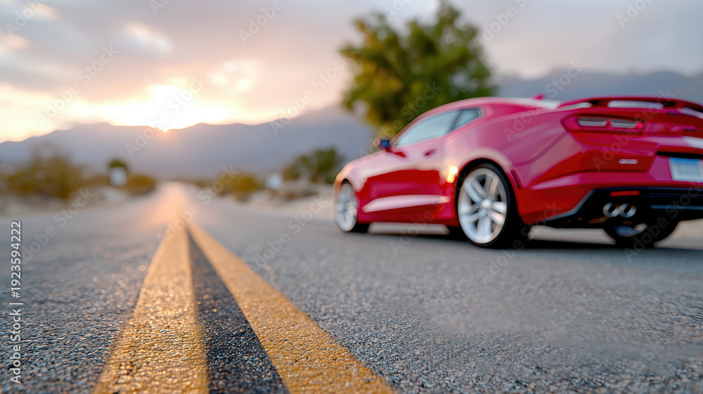 Fototapeta premium Red sports coupe on desert highway at sunset route 66 open road for road trip banner and automotive advertising campaign targeting car rental and travel ads