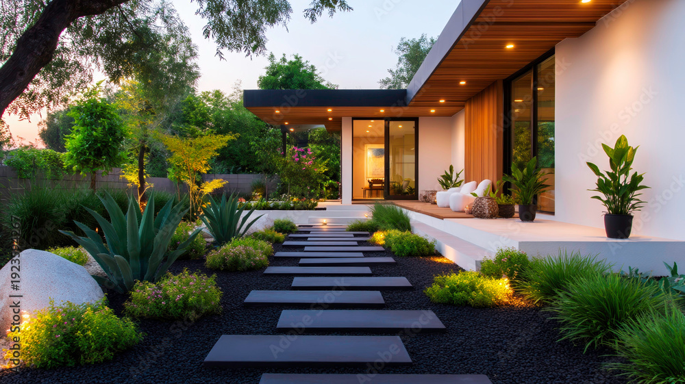 Fototapeta premium Modern Residential Garden Path with Dark Basalt Stones and Subtle Recessed Lighting