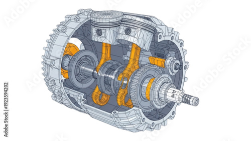 Detailed vehicle autocad blueprint of a mechanical gearbox component illustration