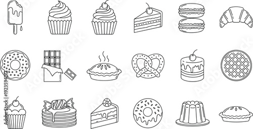 Dessert Line Icon Set with Cupcakes, Donuts, Cakes, Pie, Chocolate, and Pastry Symbols for Bakery Menu and Sweet Food