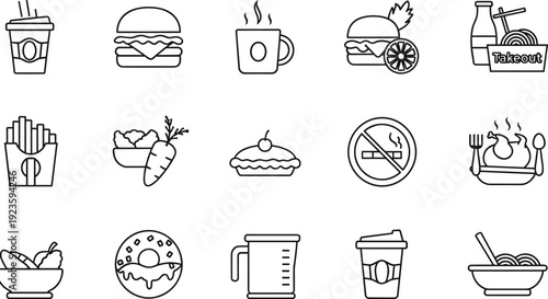 Fast Food and Beverage Line Icon Set with Burger, Coffee, Fries, Donut, Noodles, and Takeaway Symbols for Restaurant
