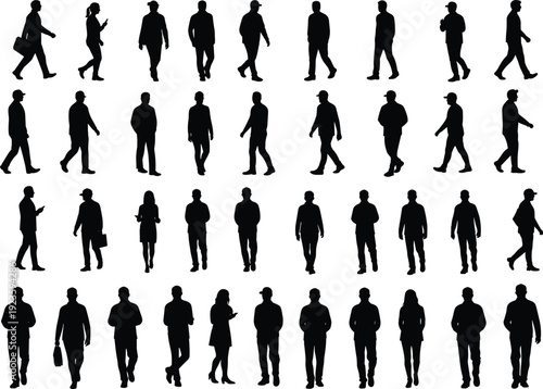 Silhouettes of diverse people walking and standing, urban lifestyle, business casual, modern professionals, communication, teamwork, networking, daily commute, office workers