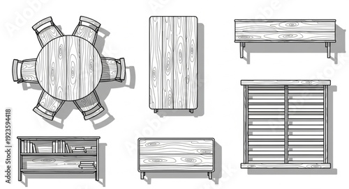 Wooden furniture set illustration, including table, cabinet, bench, and storage units.