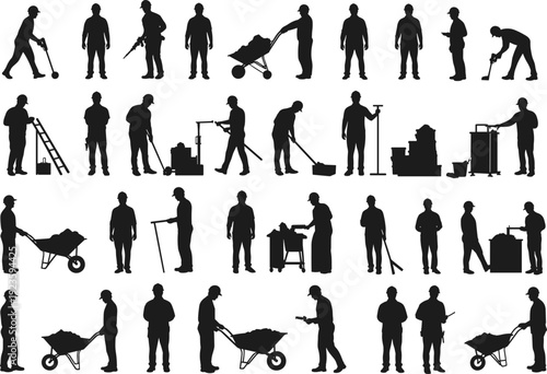 Silhouettes of construction workers performing different tasks, using tools, wheelbarrows, and equipment, teamwork, labor, building site, isolated on white background