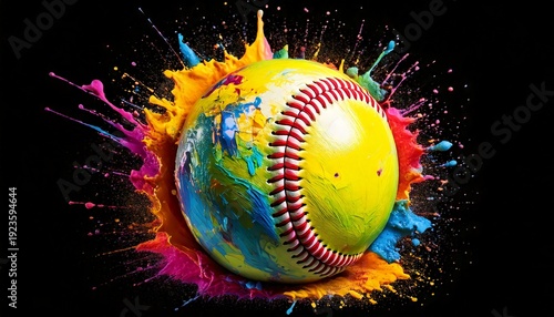 Colorful Softball with Vibrant Paint Splashes isolated on a transparent background