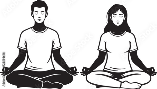 Set of two meditation silhouettes sitting cross legged, clean vector