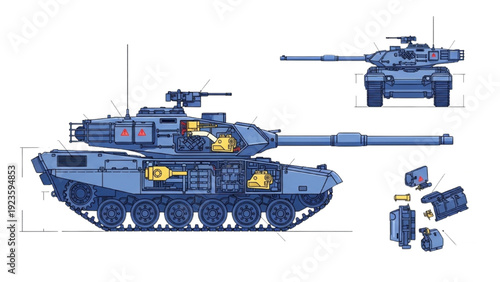 Technical drawing of a vehicle autocad blueprint tank design in multiple views on a technical sheet