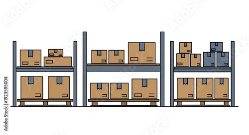 Warehouse storage shelves filled with cardboard boxes ready for shipping and distribution.