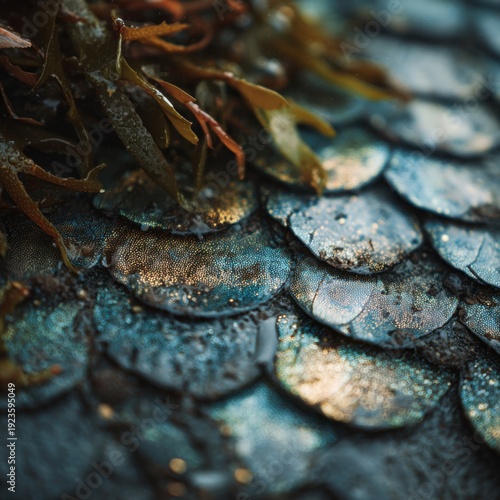 Close-up of iridescent fish scales glistening with aquatic detritus, showcasing intricate natural textures and patterns.