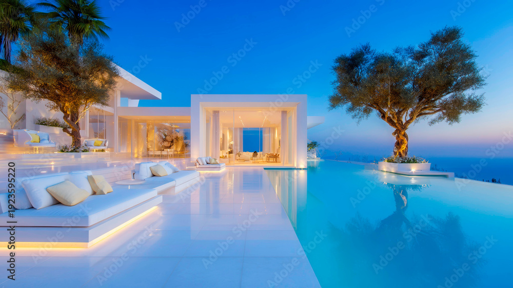 Fototapeta premium Modern Residential Patio Design with Glass Panels and Integrated Floor Lighting Detail
