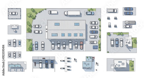 Warehouse and parking lot aerial view, showing trucks and cars for logistics.