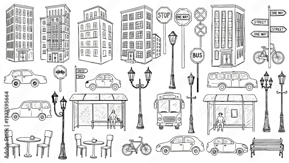 Obraz premium City Street Elements Vector Set – Hand Drawn Urban Buildings, Cars, Buses, Street Lamps, and Road Signs Illustration